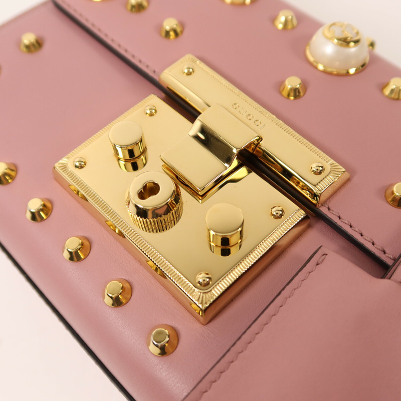 GUCCI 牛皮皮革Padlock Pearl Bag金扣鏈帶肩背袋-10