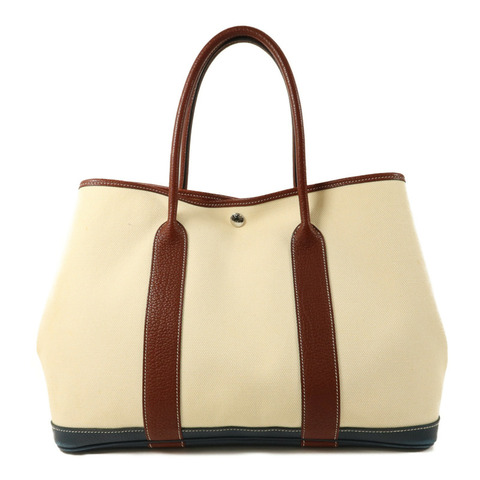 HERMES 帆布Garden Party PM銀扣手挽袋Blanc