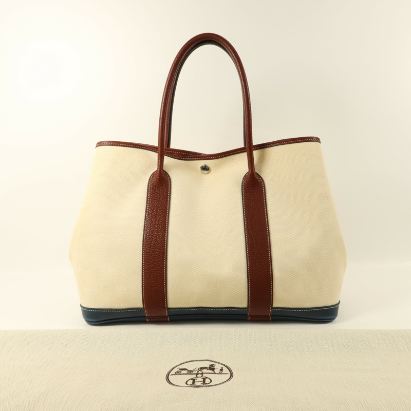 HERMES 帆布Garden Party PM銀扣手挽袋Blanc-19