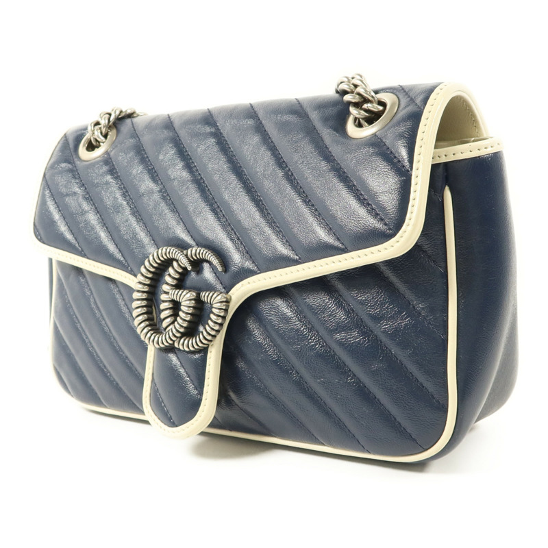 GUCCI 牛皮皮革GG Marmont Medium銀扣鏈帶肩背袋-2