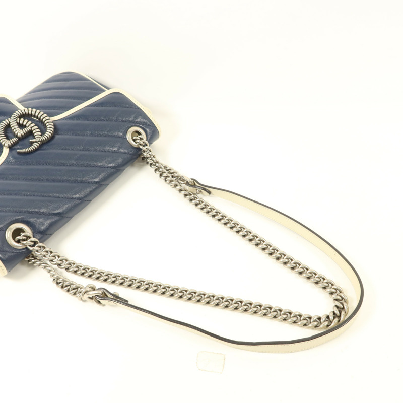 GUCCI 牛皮皮革GG Marmont Medium銀扣鏈帶肩背袋-5