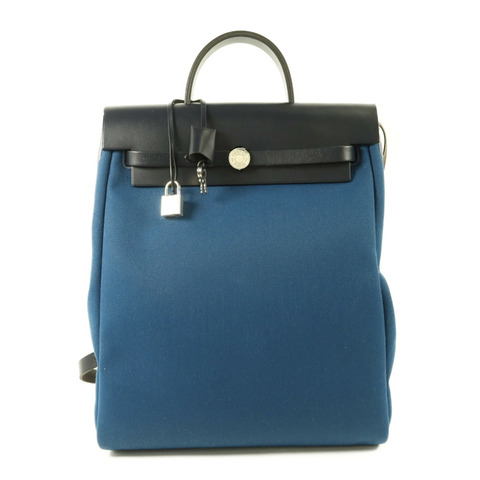HERMES 帆布Herbag Backpack銀扣背包Deep Blue/Bleu Nuit