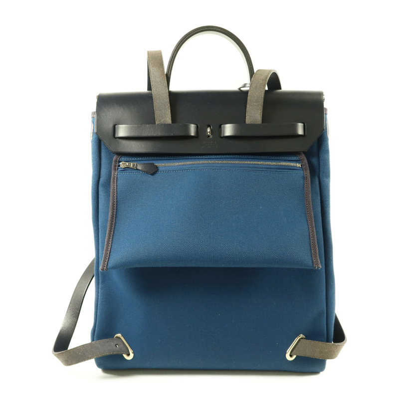 HERMES 帆布Herbag Backpack銀扣背包Deep Blue/Bleu Nuit-1
