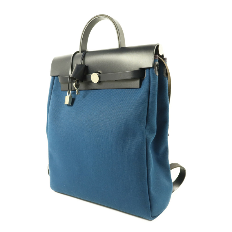 HERMES 帆布Herbag Backpack銀扣背包Deep Blue/Bleu Nuit-2