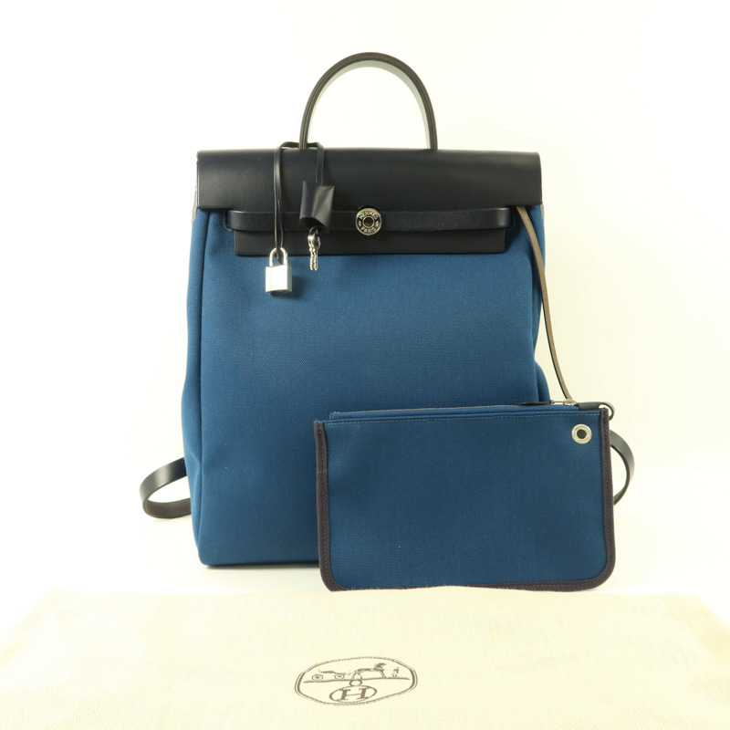 HERMES 帆布Herbag Backpack銀扣背包Deep Blue/Bleu Nuit-20