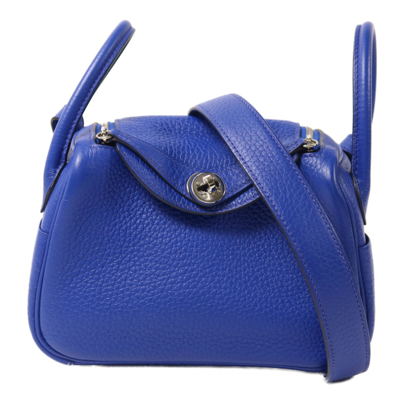 HERMES Clemence皮革Mini Lindy銀扣手挽肩背兩用袋Bleu Electrique-0