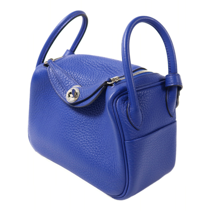 HERMES Clemence皮革Mini Lindy銀扣手挽肩背兩用袋Bleu Electrique-2