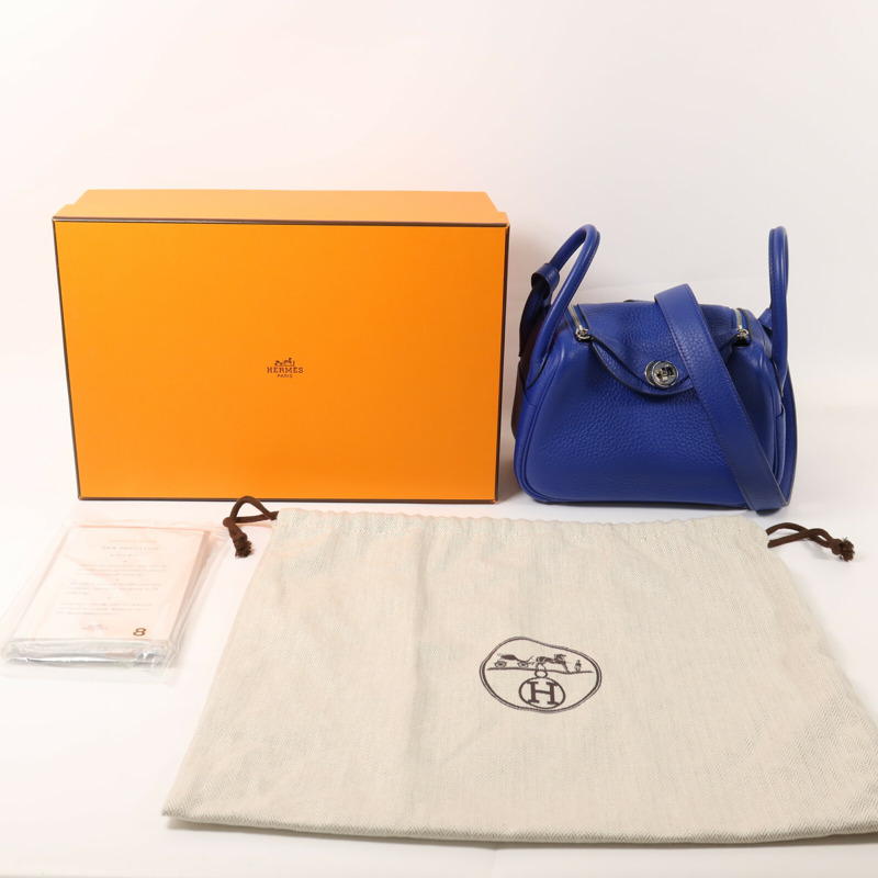 HERMES Clemence皮革Mini Lindy銀扣手挽肩背兩用袋Bleu Electrique-8