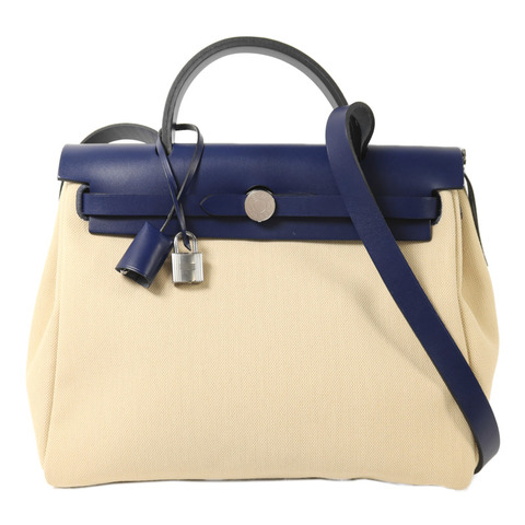 HERMES 帆布Herbag PM銀扣手挽肩背兩用袋Beige/Bleu Electrique