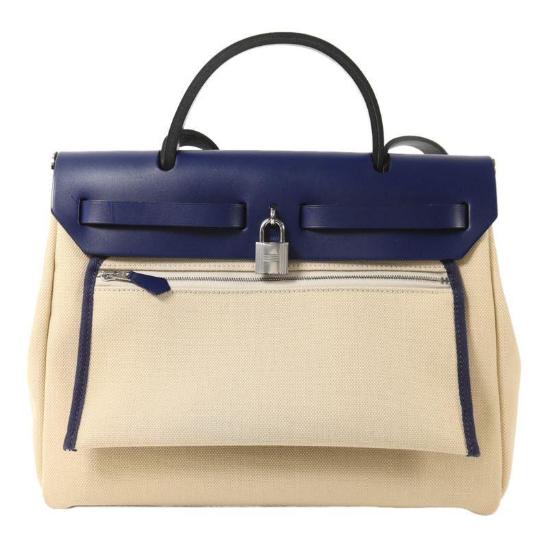 HERMES 帆布Herbag PM銀扣手挽肩背兩用袋Beige/Bleu Electrique-1