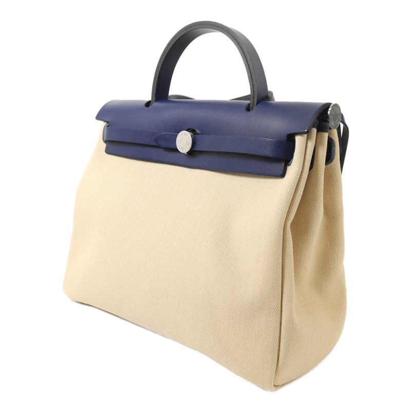 HERMES 帆布Herbag PM銀扣手挽肩背兩用袋Beige/Bleu Electrique-2