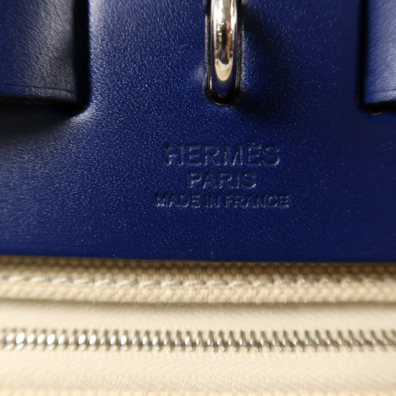 HERMES 帆布Herbag PM銀扣手挽肩背兩用袋Beige/Bleu Electrique-5