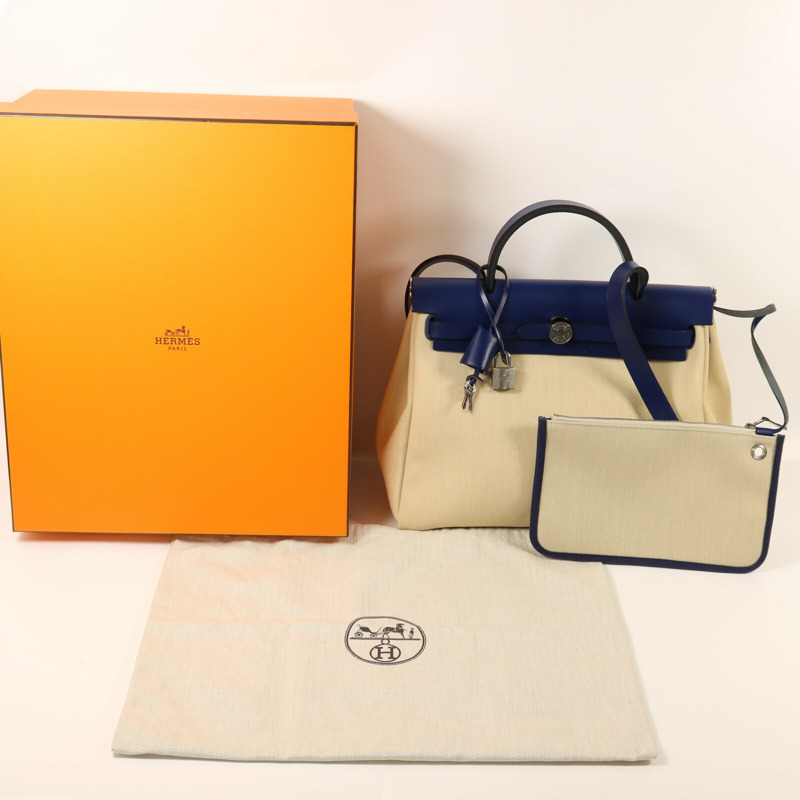 HERMES 帆布Herbag PM銀扣手挽肩背兩用袋Beige/Bleu Electrique-11