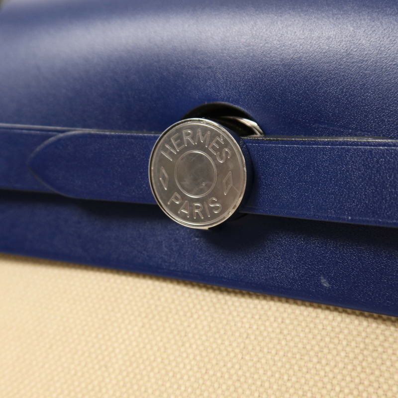 HERMES 帆布Herbag PM銀扣手挽肩背兩用袋Beige/Bleu Electrique-12