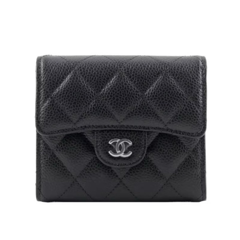 全新有膜Chanel 經典短皮夾 黑銀 專櫃包裝未拆封