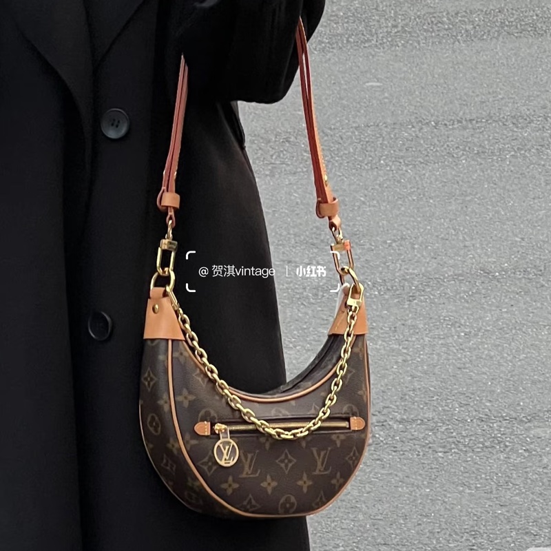 Louis Vuitton LV Loop 月亮包 Monogram 老花鏈條腋下包 棕色 M81098-4