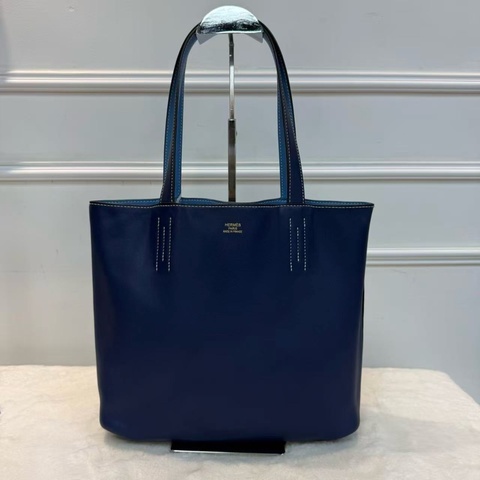 Hermes/愛馬仕Doublesens36 雙面包 拼色雙面深藍拼淺藍托特包