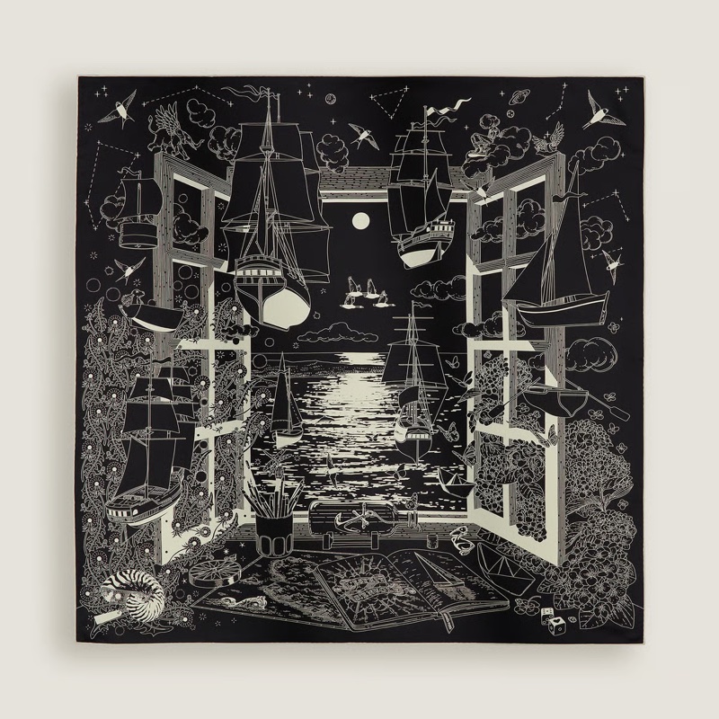 愛馬仕Hermes 2026春夏90絲巾詩意遨遊 黑金版-0