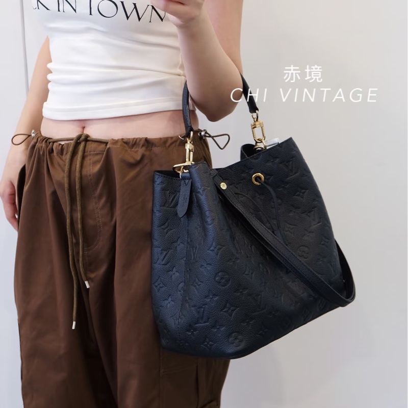 Louis Vuitton LV黑色Monogram Empreinte壓紋牛皮 NeoNoe MM水桶包 經典抽繩肩背包 M45256-1