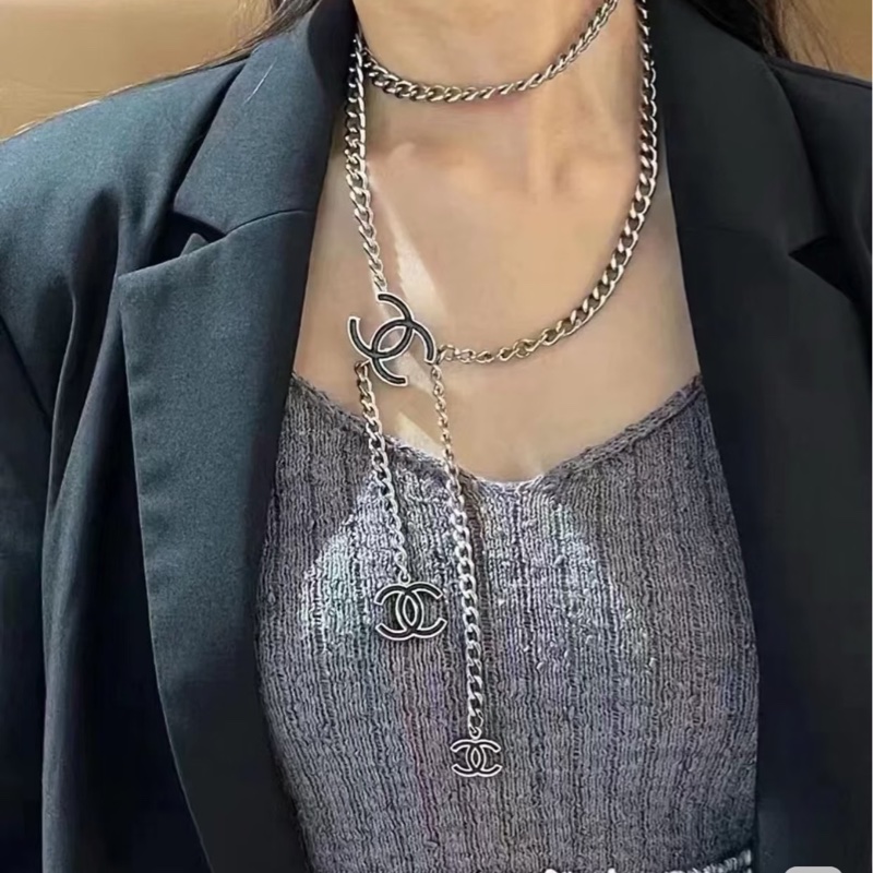 Chanel 黑色銀鏈琺瑯Logo 項鏈+腰鏈🖤多種穿搭😻-0