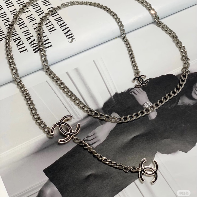 Chanel 黑色銀鏈琺瑯Logo 項鏈+腰鏈🖤多種穿搭😻-4