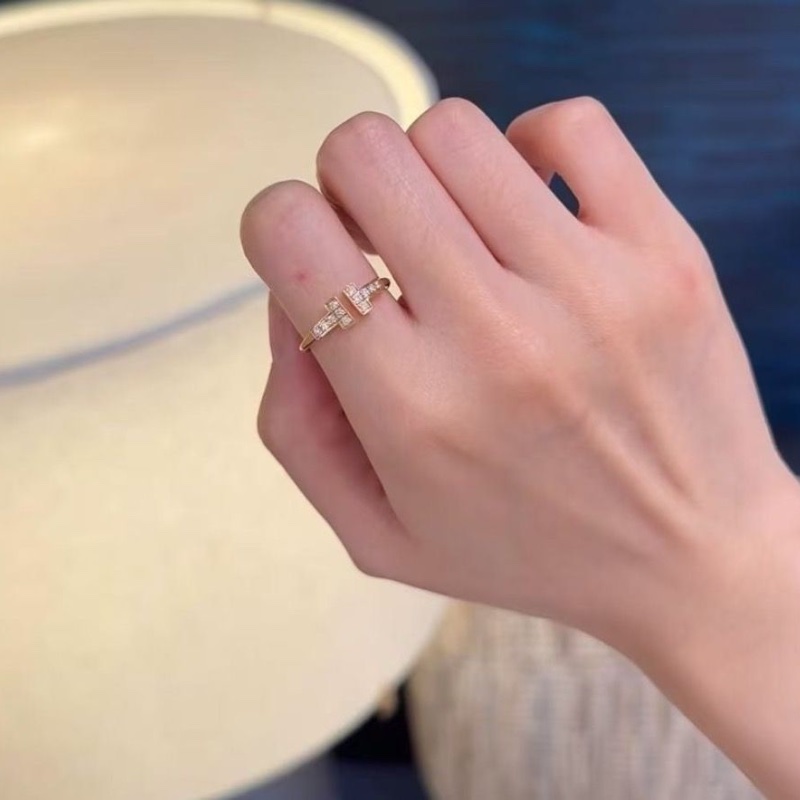 Tiffany 18k黃金雙T滿鑽戒指 尺碼56碼 9新配件盒子-0