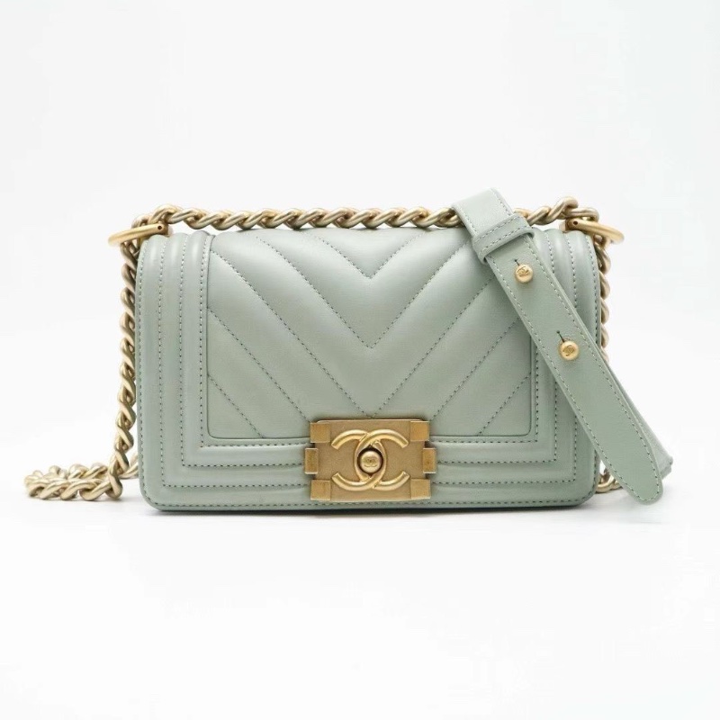 CHANEL 小號 BOY 鏈條包 超美薄荷綠氣泡綠 V紋小牛皮20*12*6.5 9新配件塵袋-3