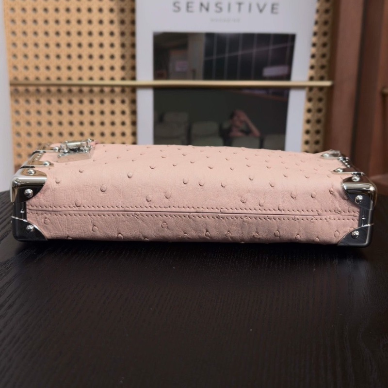 LV新版Slim Trunk橫版粉色 鴕鳥皮肩背斜背包盒子包 芯片款23*11*4 9新配件塵袋-4