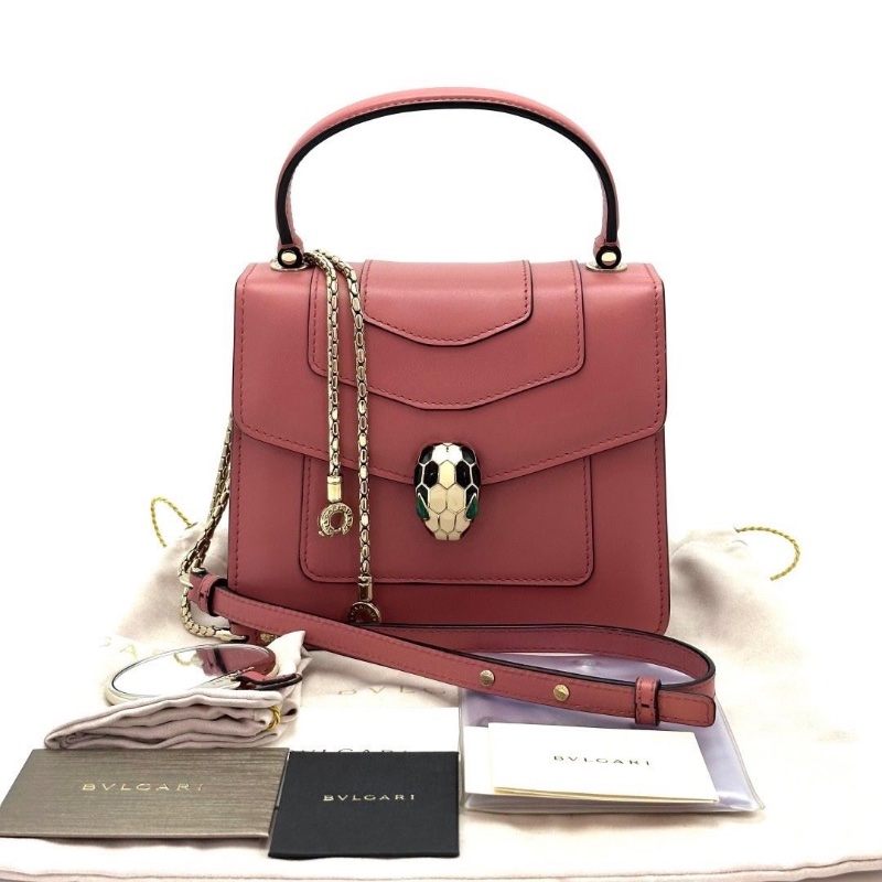 BVLGARI 粉色小號蛇頭風琴 手提斜背包18.5*15*8 9新配件塵袋 雨衣 鏡子 卡冊 保卡-1