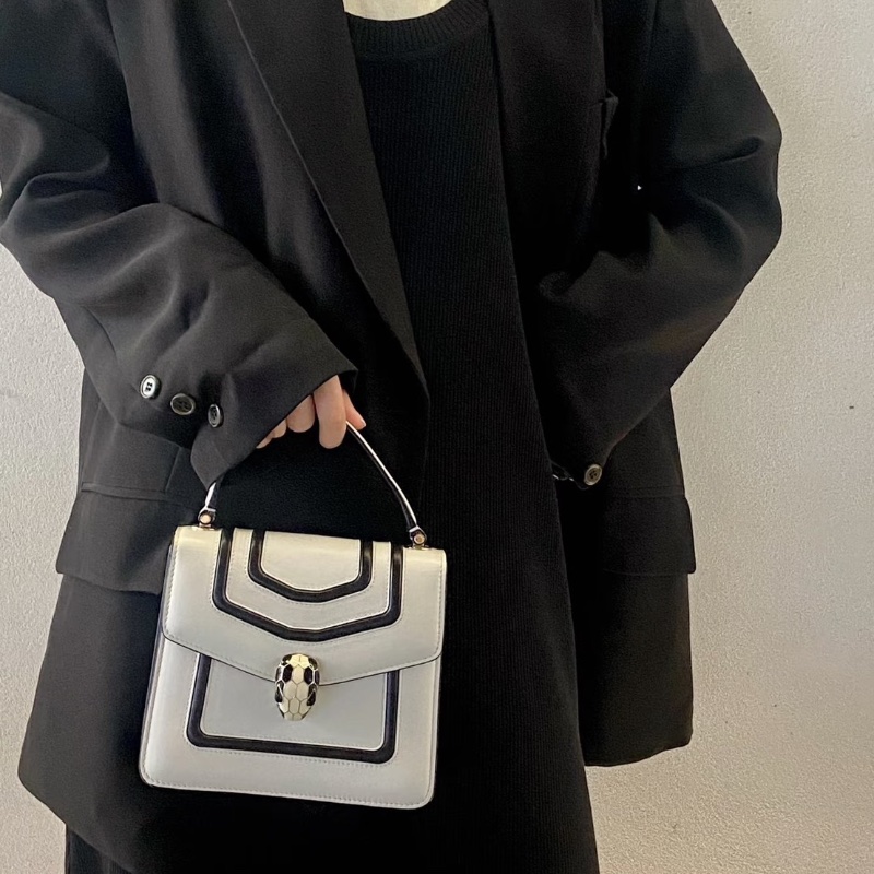 BVLGARI 黑白拼色蛇頭 手提斜背風琴包18.5*16*10 98新配件塵袋 雨衣 鏡子-1