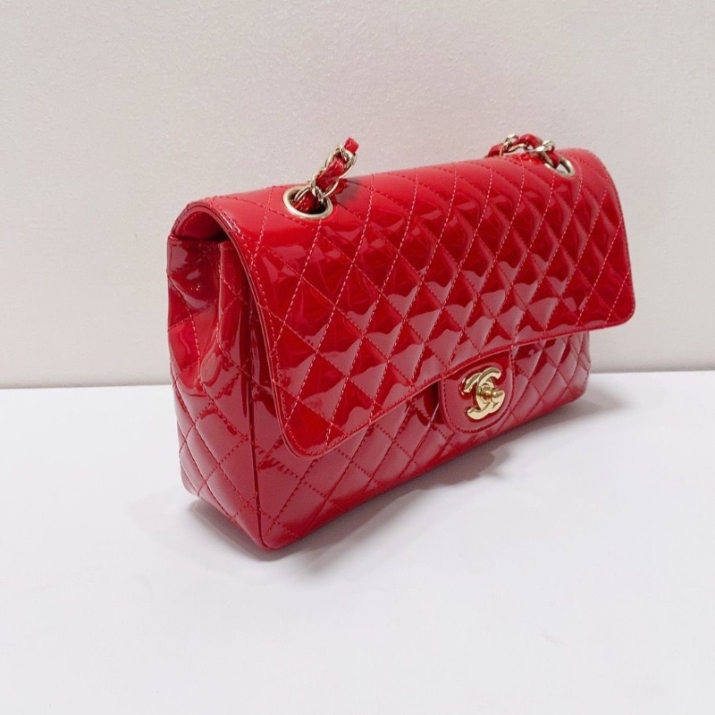 chanel 中號紅色漆皮cf限定鏈條包 25*15*6 9新配件塵袋保卡-8