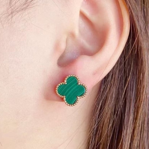 VCA 孔雀石 綠中花 耳釘 9新配件盒子保卡