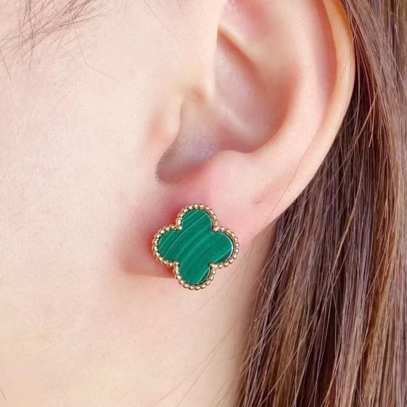 VCA 孔雀石 綠中花 耳釘 9新配件盒子保卡-0