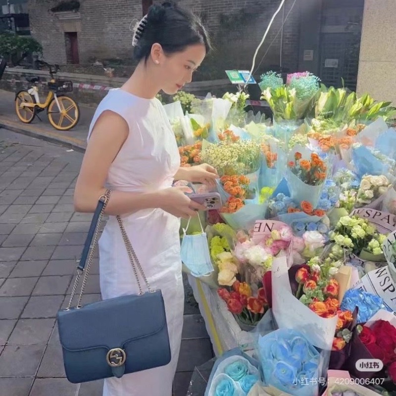 Gucci雙G風琴包中號 藍色 牛皮28*20*8 9新配件塵袋-0