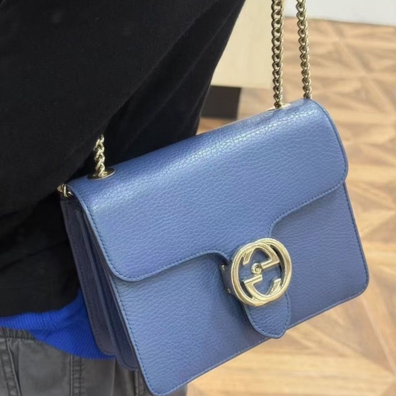 Gucci雙G風琴包中號 藍色 牛皮28*20*8 9新配件塵袋-8