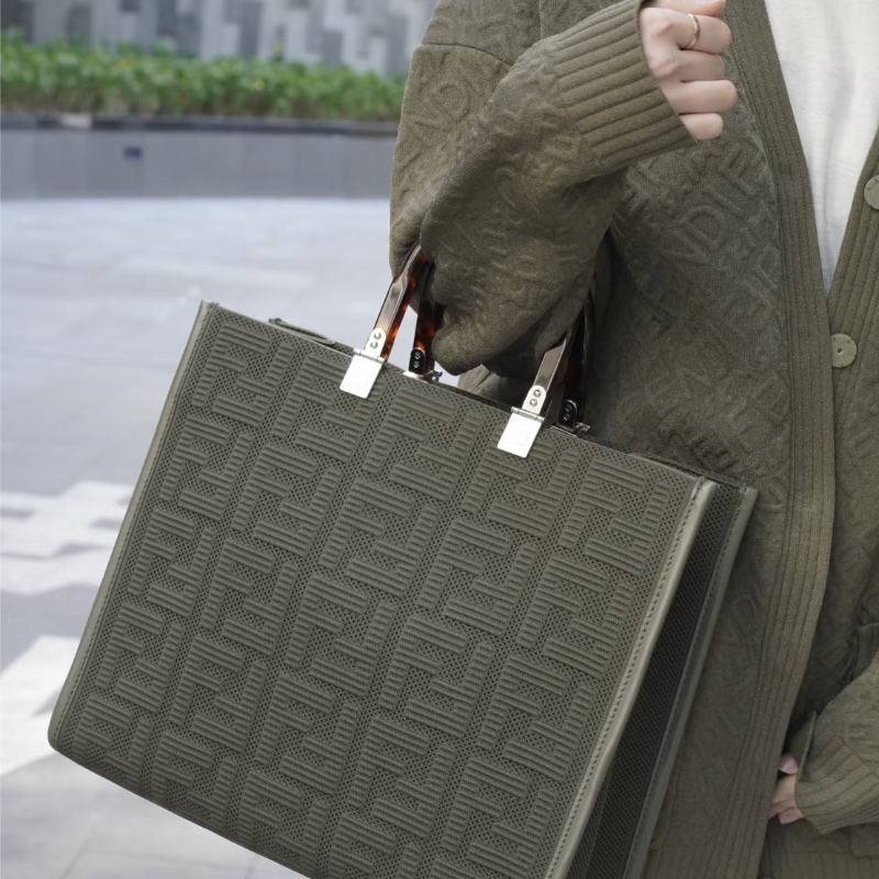 Fendi 聯名限定膠囊系列 Sunshine托特包tote 深綠色針織 玳瑁手柄36*31*15 99新配件塵袋 肩帶-0