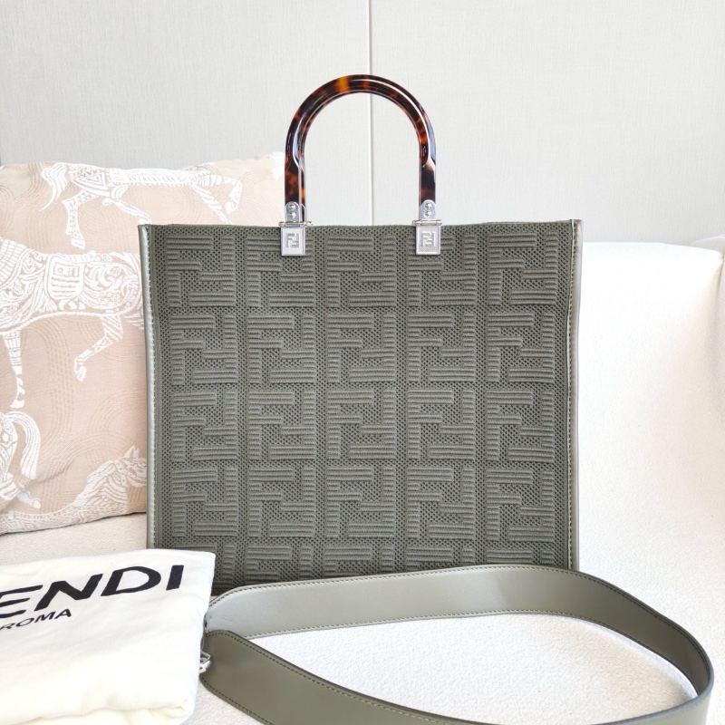 Fendi 聯名限定膠囊系列 Sunshine托特包tote 深綠色針織 玳瑁手柄36*31*15 99新配件塵袋 肩帶-2