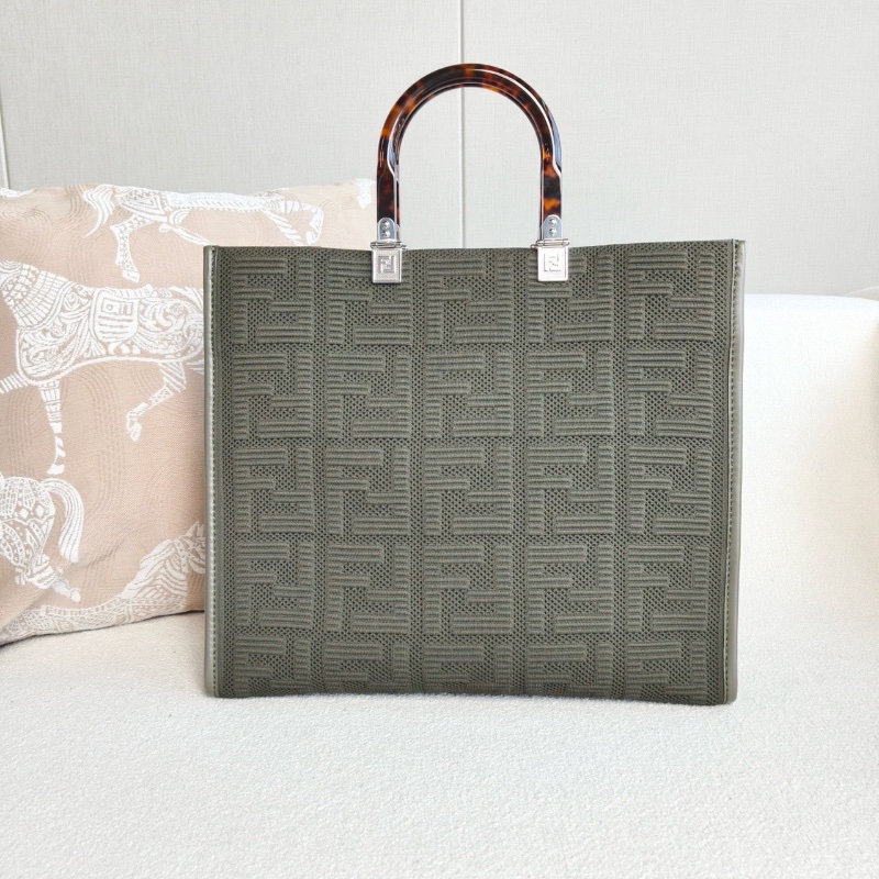 Fendi 聯名限定膠囊系列 Sunshine托特包tote 深綠色針織 玳瑁手柄36*31*15 99新配件塵袋 肩帶-8