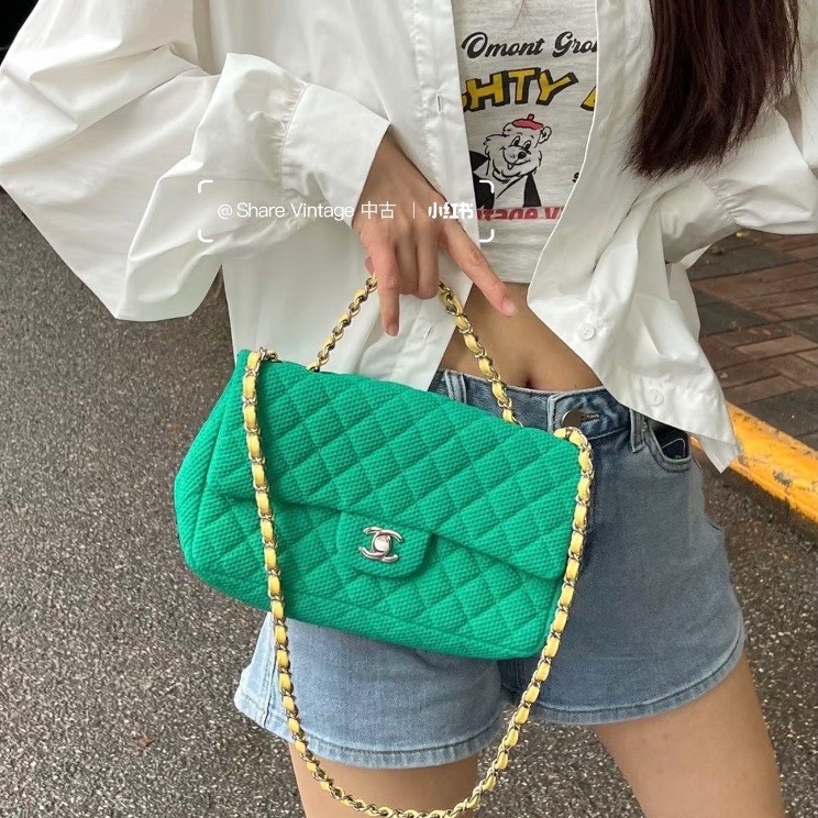 Chanel 針織cf中號綠色 銀扣 25*15*5 98新配件保卡 塵袋-1