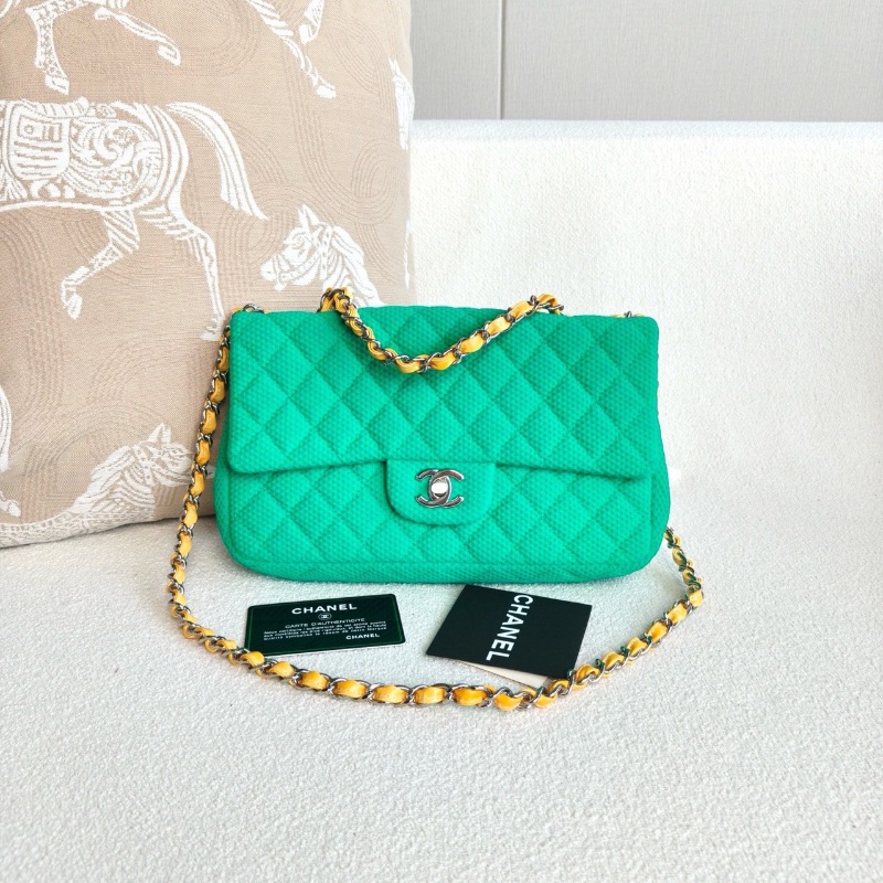 Chanel 針織cf中號綠色 銀扣 25*15*5 98新配件保卡 塵袋-2