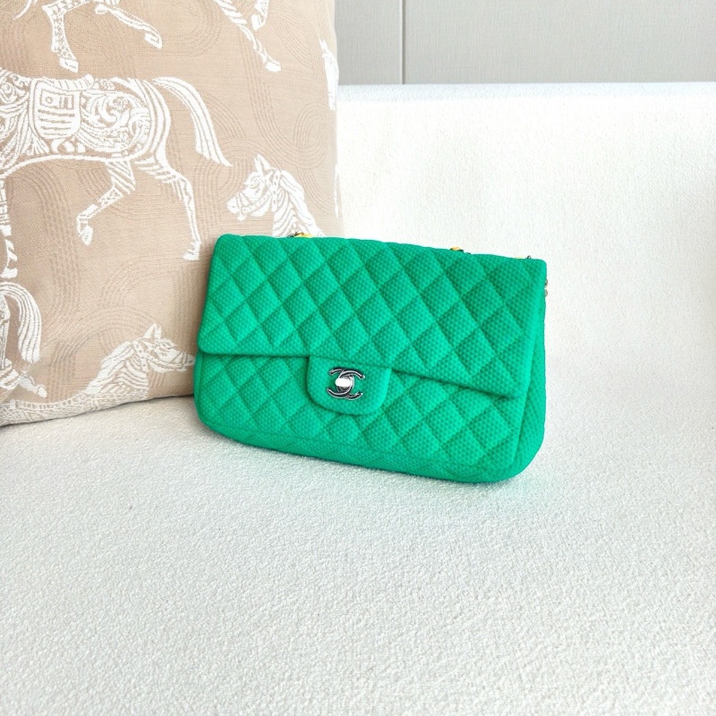Chanel 針織cf中號綠色 銀扣 25*15*5 98新配件保卡 塵袋-4