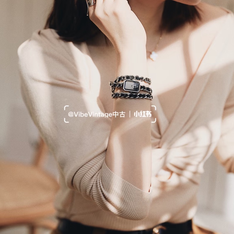 S碼🈶盒子❤️香奈兒 #黑銀方糖手錶 #premiere #三圈手錶 #首映錶-6