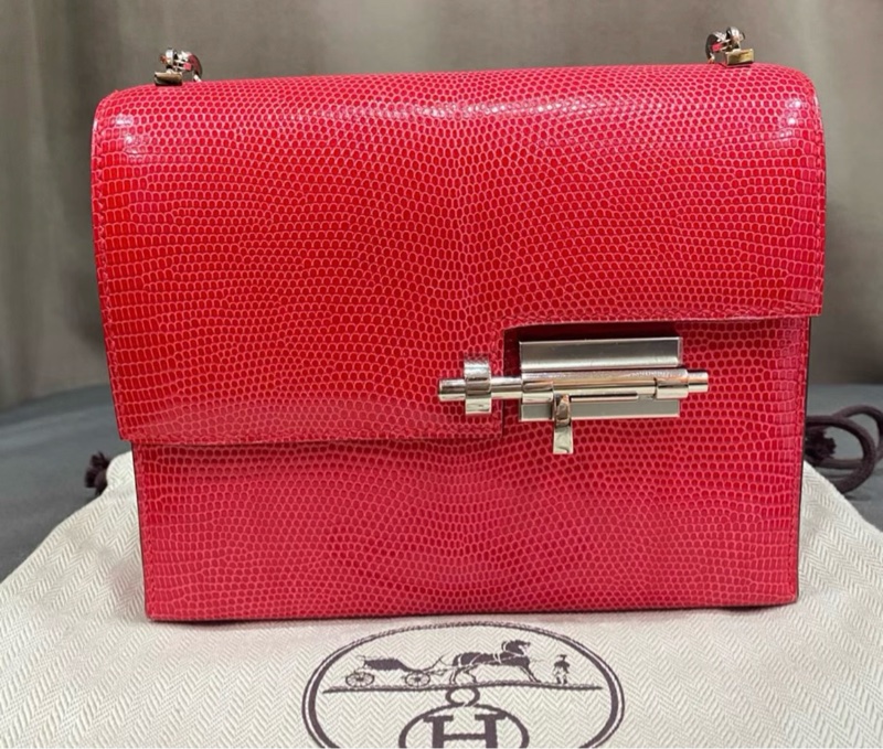 有購証✨ HERMES愛馬仕mini手槍包 蜥蜴皮 極致粉 銀扣 Y刻 閒置有塵袋 發票-1