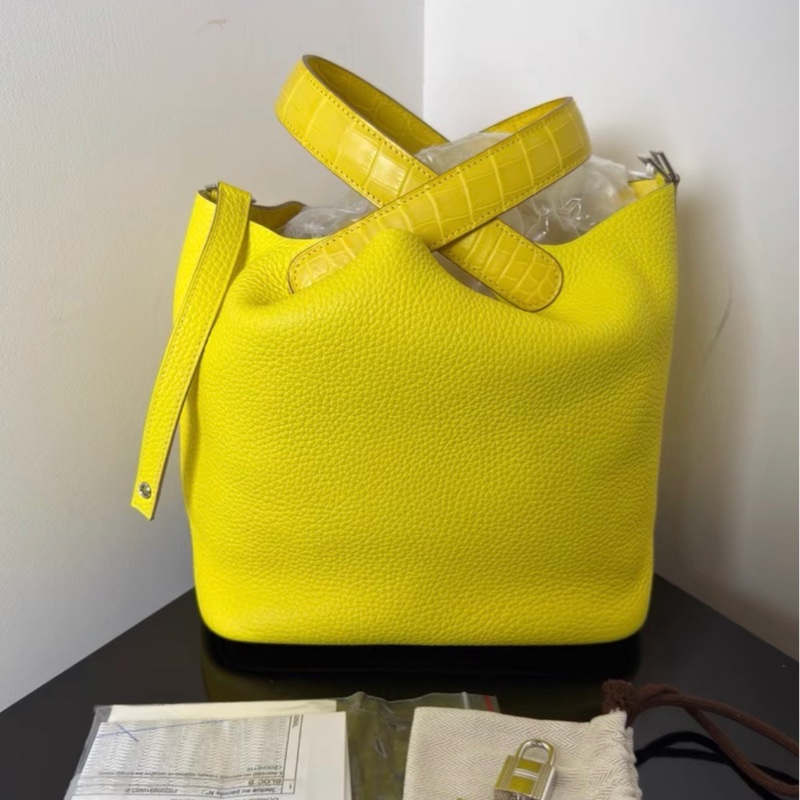 99新 愛馬仕Hermes菜籃子22 檸檬黃,Tc皮拼霧面鰐魚皮,U刻,帶證書~-2