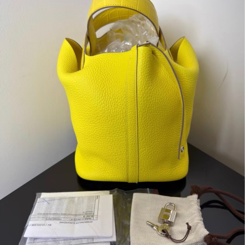 99新 愛馬仕Hermes菜籃子22 檸檬黃,Tc皮拼霧面鰐魚皮,U刻,帶證書~-3