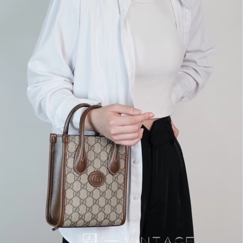 Gucci 古馳 GG Retro琴譜 Mini Tote GG Supreme老花帆布 烏木色牛皮 Interlocking G迷你托特斜背包 671623