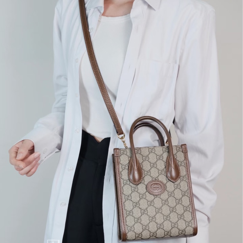 Gucci 古馳 GG Retro琴譜 Mini Tote GG Supreme老花帆布 烏木色牛皮 Interlocking G迷你托特斜背包 671623-1