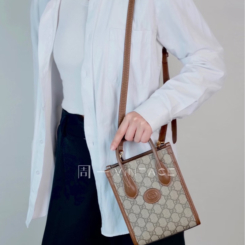 Gucci 古馳 GG Retro琴譜 Mini Tote GG Supreme老花帆布 烏木色牛皮 Interlocking G迷你托特斜背包 671623-2