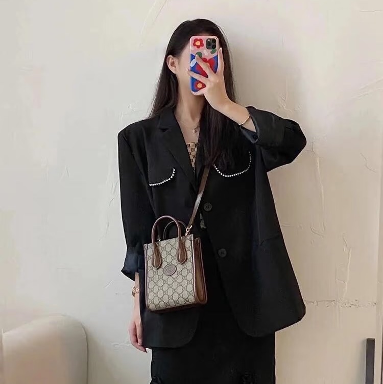 Gucci 古馳 GG Retro琴譜 Mini Tote GG Supreme老花帆布 烏木色牛皮 Interlocking G迷你托特斜背包 671623-3