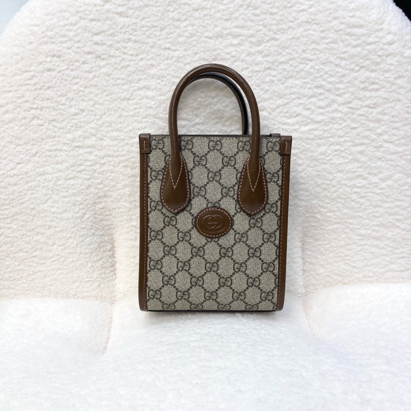 Gucci 古馳 GG Retro琴譜 Mini Tote GG Supreme老花帆布 烏木色牛皮 Interlocking G迷你托特斜背包 671623-9
